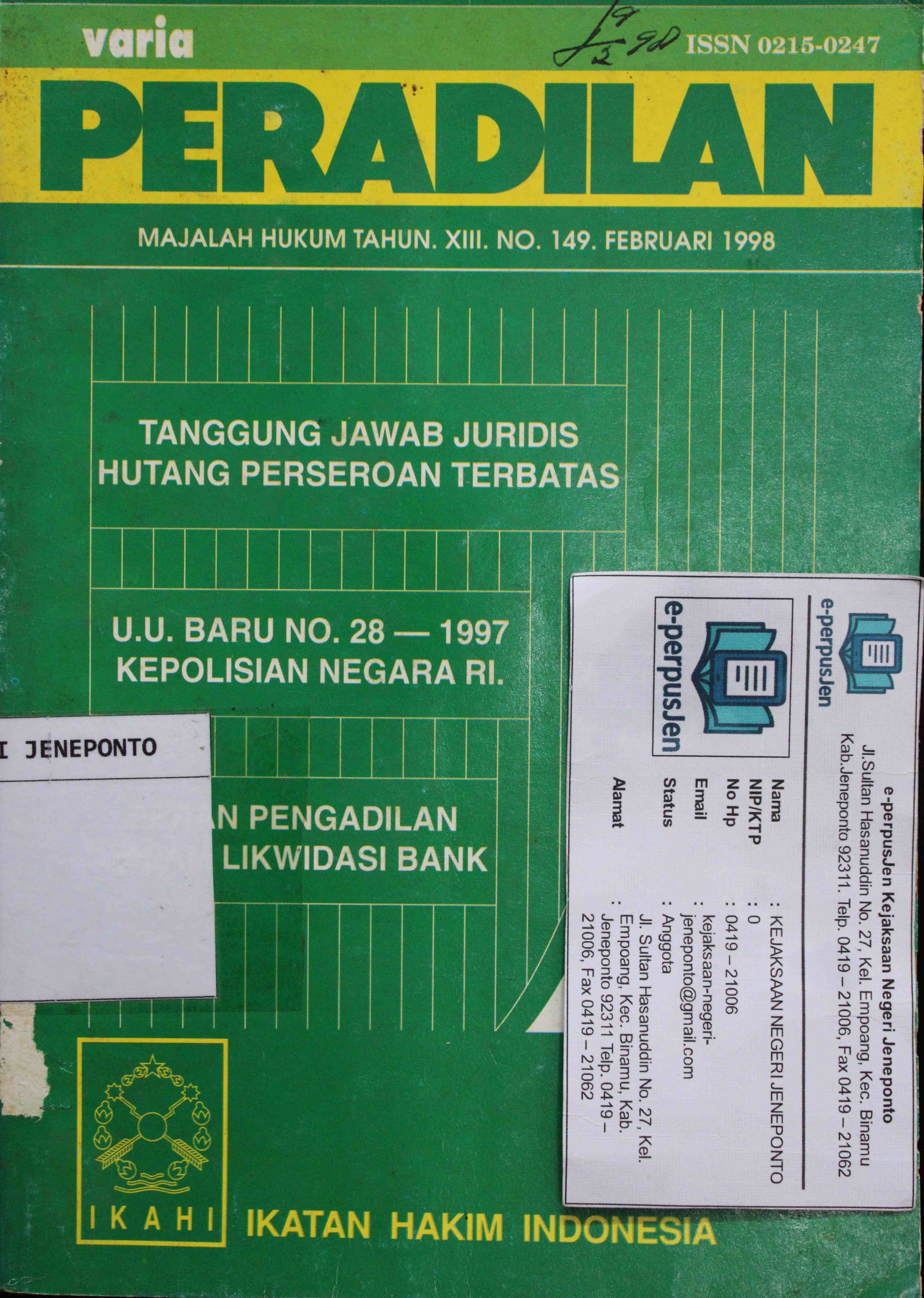Varia Peradilan Majalah Hukum Tahun XIII No 149 Februari 1998